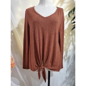 Vine & Love V-Neck Tie Hem Long Sleeve Pullover Sweater Womens Size L Soft Rust
